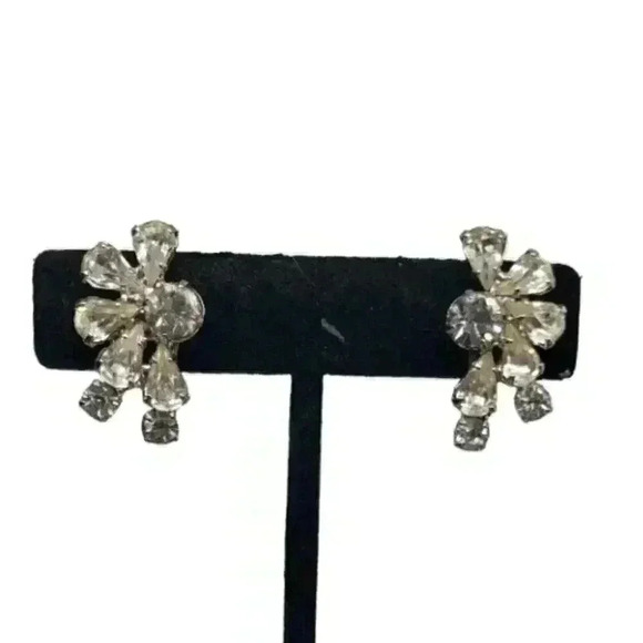 Vintage Jewelry - Vintage Earrings Clear Rhinestone Clip Clear Half Flower Star Bride Statement